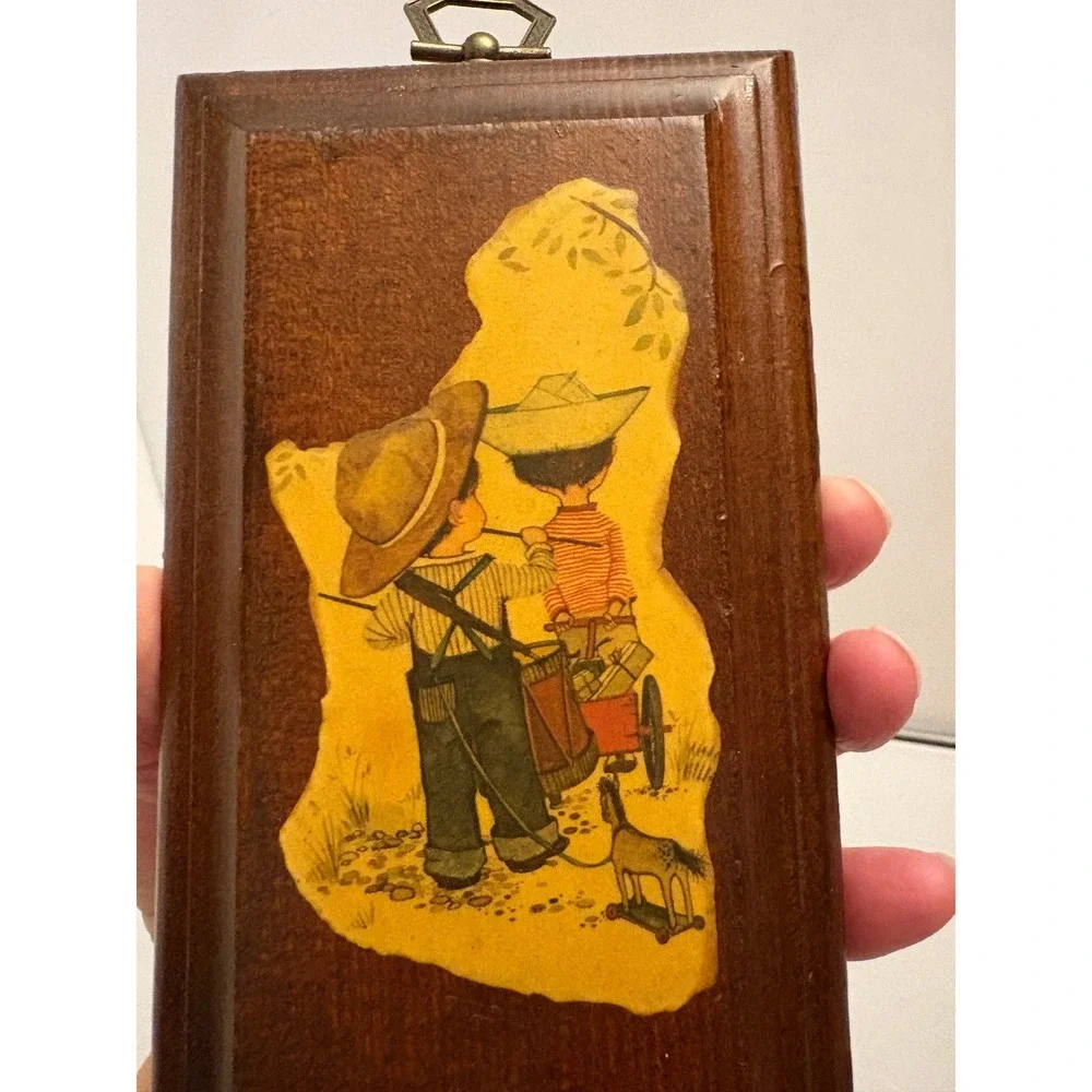 1970s Vintage Wood Wall Art Plaque Two Kids With Dog Country Scene Hanging Decor